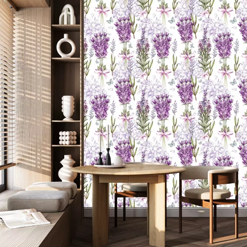 Tapete Watercolor pattern with Lavender and graphic hudrangea. Hand painting. Seamless pattern for fabric, paper and other printing and web projects. 