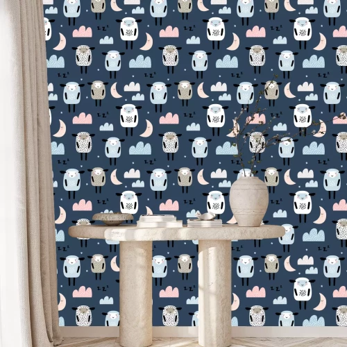 Tapete Schlafende Schafe auf dunklem Hintergrund im skandinavischen Stil