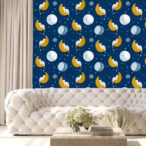 Tapete Seamless childish pattern with cats on moons and starry sky. Creative kids texture for fabric, wrapping, textile, wallpaper, apparel. Vector illustration