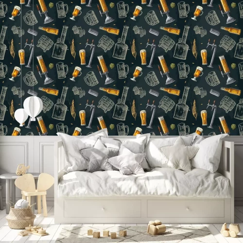 Tapete Seamless pattern beer tap, class, can, bottle and hop.