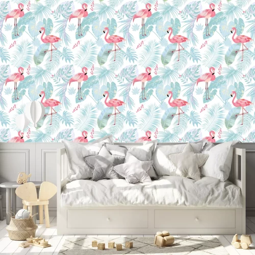 Tapete Motiv mit hellrosa Flamingos auf hellblauem Hintergrund