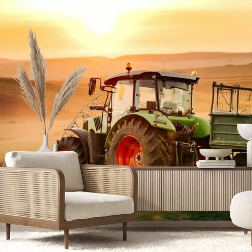 Fototapete Traktor bei Sonnenaufgang