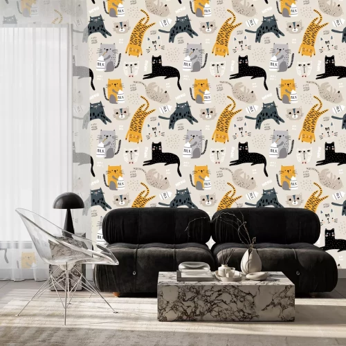 Tapete Nahtloses Muster mit verschiedenen lustigen Katzen und Milchflasche. Kreative kindliche Textur. Ideal für Stoff, Textil Vektor-Illustration