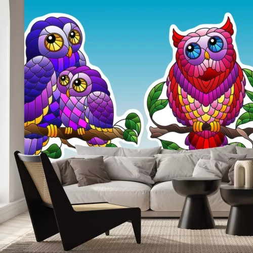 Sticker Set of contour illustrations of stained glass elements with owls sitting on tree branches, owls and branches with leaves isolated on sky background