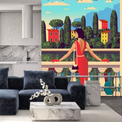 Sticker Sunny summer day on the shore of lake Como, Italy. Handmade drawing vector illustration. Can be used for posters, banners, postcards, books & etc.