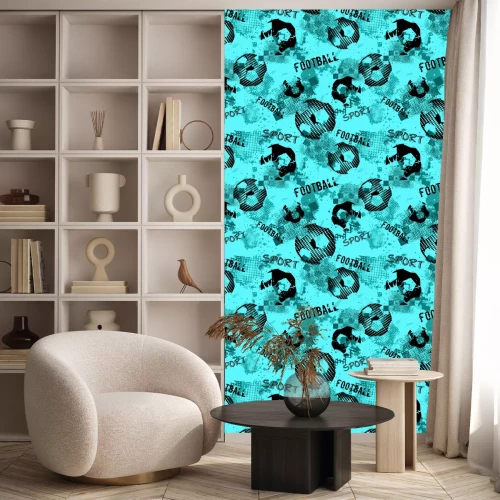 Tapete Abstract seamless football pattern for boys. Sport football pattern. Grunge sport urban backdrop with football ball. Sport wallpaper on black background with multicolor spots. Repeated pattern.