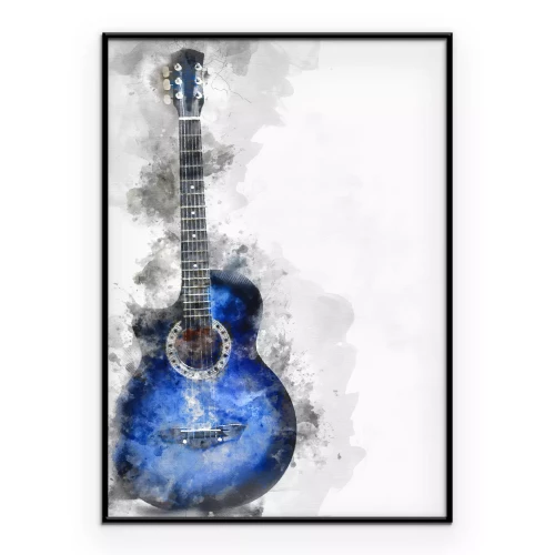 Poster Aquarell-Gitarre in Blau auf künstlerischem Hintergrund
