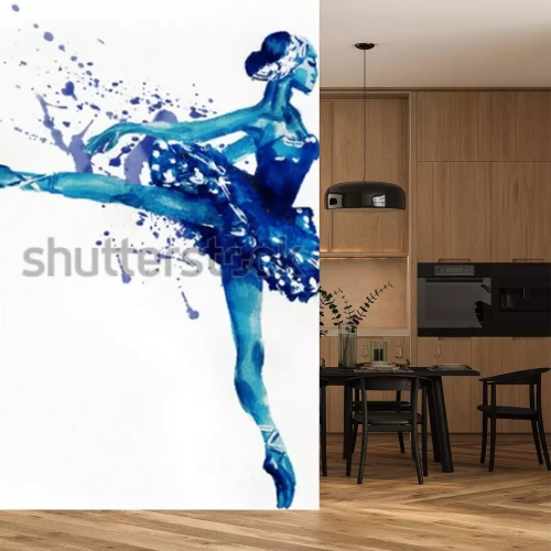 Sticker Tanzende Ballerina in Blau. Aquarellillustration