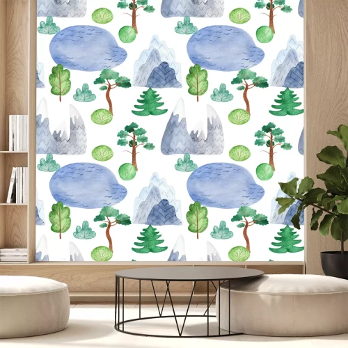Sticker Nahtloses Muster des Aquarells mit Bergen, Bäumen, See. Textur für Einladungen, Tapeten, Scrapbooking, Stoff, Test.