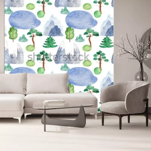 Sticker Nahtloses Muster des Aquarells mit Bergen, Bäumen, See. Textur für Einladungen, Tapeten, Scrapbooking, Stoff, Test.