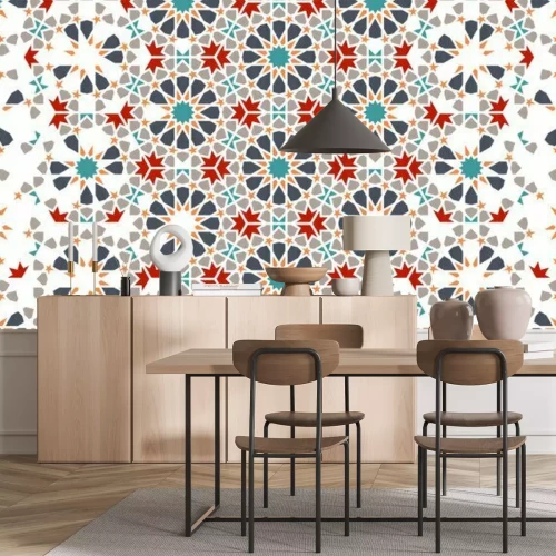 Sticker Tile repeating vector border. Geometric halftone pattern with colorful arabesque disintegration