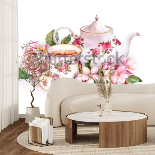 Sticker Teetasse und Teekanne mit Blumen. Kartenvorlage. Aquarell