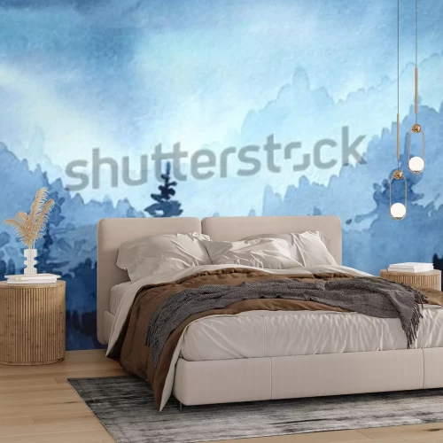 Sticker Gezeichnete Illustration des Aquarells Hand mit Winterwald. Winterlandschaft mit Weihnachtsbäumen. Weihnachtskarte