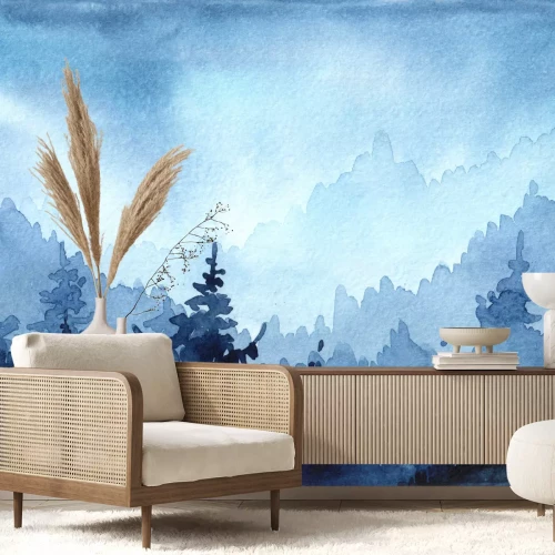 Sticker Gezeichnete Illustration des Aquarells Hand mit Winterwald. Winterlandschaft mit Weihnachtsbäumen. Weihnachtskarte