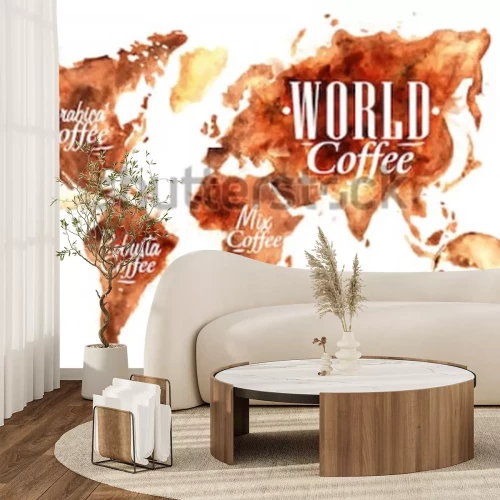 Sticker Weltkarte des gezeichneten Kaffees mit der Aufschrift Arabica, Robusta, mischen mit Spritzern und Flecken druckt Tasse