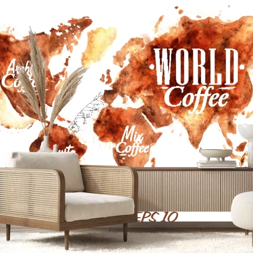 Sticker Weltkarte von gezogenem Kaffee mit der Aufschrift Arabica, Robusta, Mix mit Spritzern und Blots druckt Tasse.