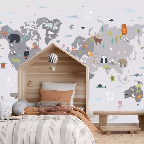 Fototapete Graue Weltkarte mit Tierdarstellungen