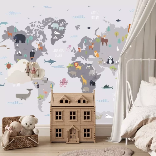 Sticker Graue Weltkarte mit Tierdarstellungen