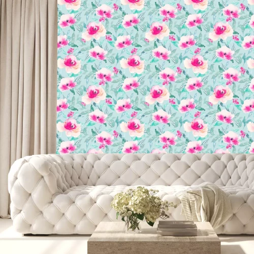 Tapete Aquarellblumen und Blätter im Shabby-Chic-Stil