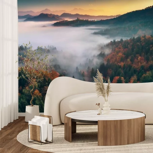 Fototapete Herbstlandschaft Morgenwald im Nebel