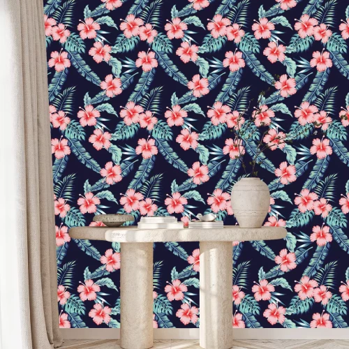 Tapete Hibiskusblüten und türkisfarbene Blätter