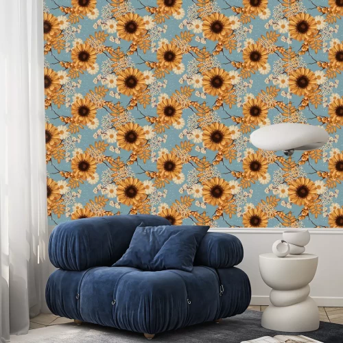 Tapete Sonnenblumen und Pflanzen auf blauem Hintergrund