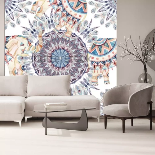 Sticker Ethnischer Elefant- und Federmandalahintergrund des Aquarells. Nahtloses Muster der abstrakten Federmandala mit aufwändigen indischen Elefanten auf weißem Hintergrund. Handgemalte Illustration für Boh