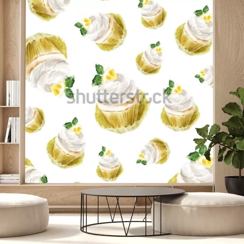 Sticker Zitronenkleiner kuchen mit Sahne Minze, Aquarellillustrations-Muffinnachtisch. Kunstdruck, Mode-Skizze. Bäckerei süße Kuchen Obst Zitrusfrüchten