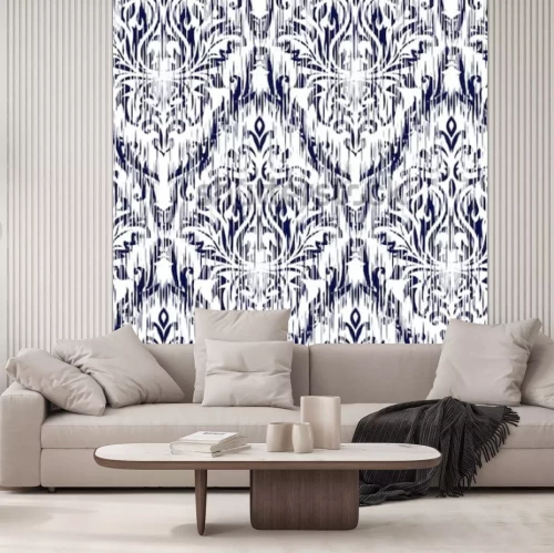 Sticker Blaue Verzierung Ikat Ogee und Damaskus nahtloses Hintergrundmuster. Abstrakter Hintergrund für Textildesign, Tapete, Oberflächenbeschaffenheiten.