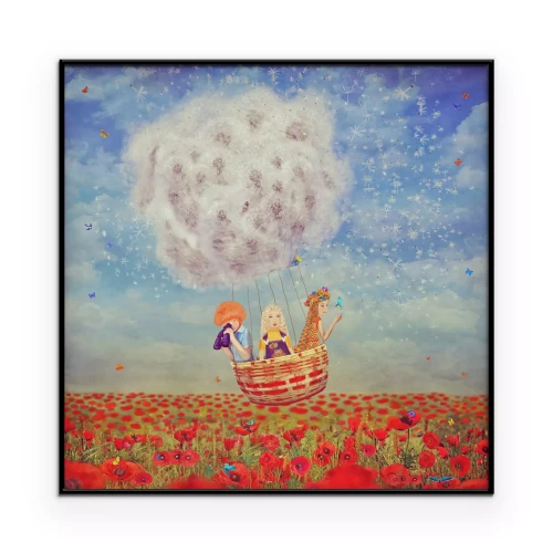 Poster Kinder, die in einem Ballon über eine Wiese schweben