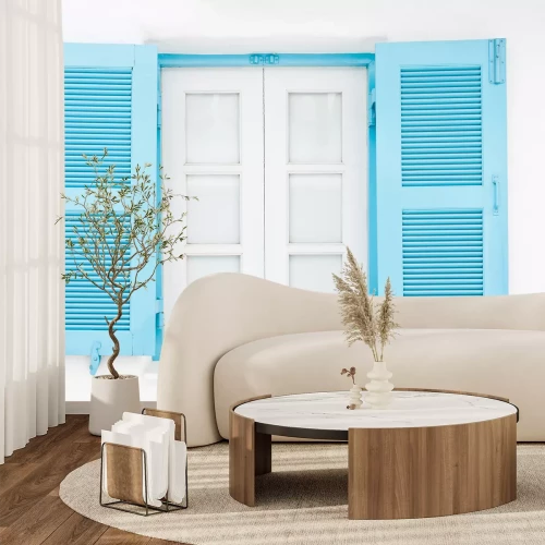 Fototapete Blaues fenster auf weißer wand