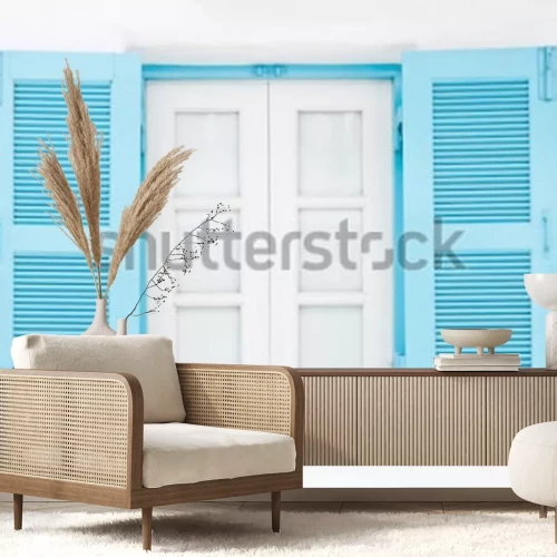 Fototapete Blaues fenster auf weißer wand