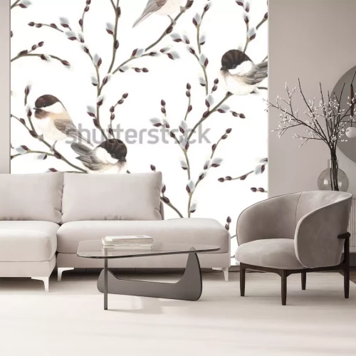 Sticker Tiere Vögel auf einem Weidenbaum mit sich entwickelnden Knospen