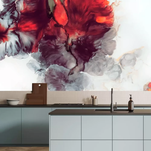 Sticker Abstrakter roter Hintergrund. Makrozellen. Rote Blume. Acrylfarben Marmor Textur Zeitgenössische Kunst.