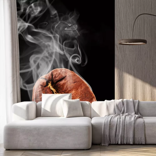 Fototapete Fliegende Kaffeebohne im Rauche, lokalisiert auf schwarzem Hintergrund