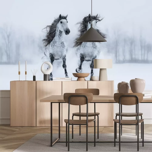 Fototapete Im schnee laufende grauschimmel