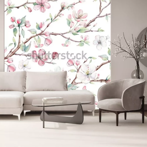 Sticker Hand gezeichnete Apfelbaumaste und nahtloses Muster der Blumen. Es ist ideal für Tapeten, Stoffdesign, Textildesign, Umschlag, Geschenkpapier, Oberflächenstrukturen und digitales Papier.