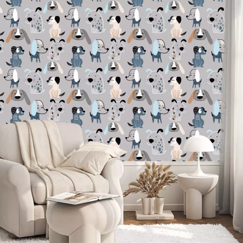 Tapete Kindliches nahtloses Muster mit lustigen kreativen Hunden. Trendiger skandinavischer Vektorhintergrund. Perfekt für Kinderbekleidung, Stoff, Textilien, Kinderzimmerdekoration, Geschenkpapier