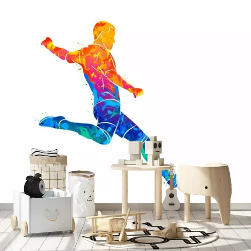 Sticker Mehrfarbige Illustration eines Fußballspielers, der den Ball kickt