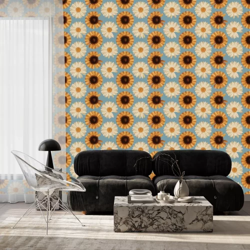 Tapete Printable seamless vintage autumn repeat pattern background with daisies and sunflowers. Botanical wallpaper, raster illustration in super High resolution.