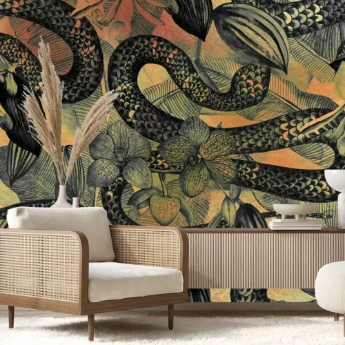 Sticker Tropical seamless pattern with tropical flowers, banana leaves and a snake