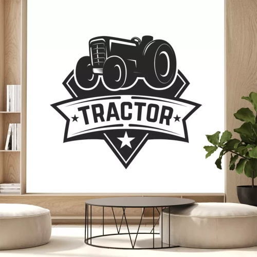 Sticker tractor emblem. Farmers market. Design element for logo, label, sign.