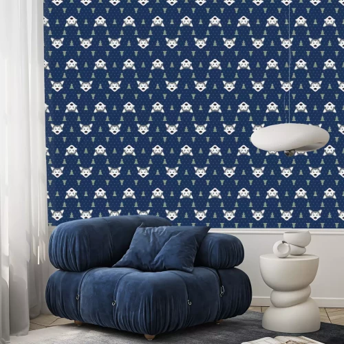 Tapete Babywölfe und Weihnachtsbäume auf marineblauem Hintergrund