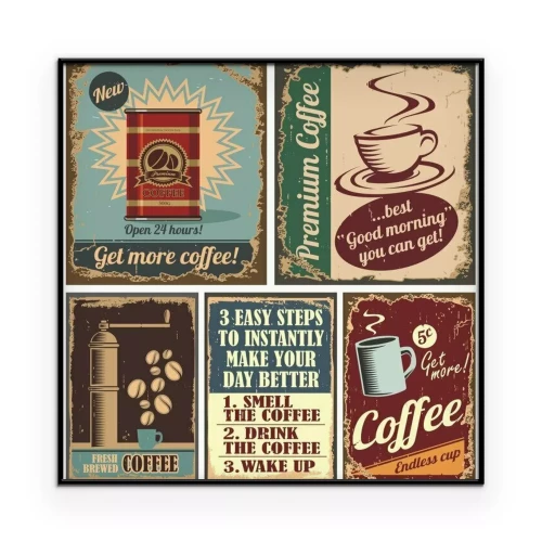 Poster Vintage-Illustration mit Kaffeemotiv und dekorativem Rahmen