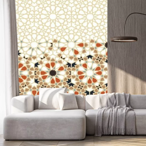 Sticker Arabic pattern. Arabesque repeating vector border. Geometric halftone texture with color tile disintegration or breaking