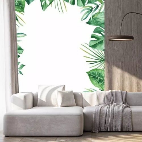 Sticker Watercolor frame with tropical leaves and flowers, watercolor stains. Golden, round, polygonal pattern for cards, invitations, wedding and summer designs.