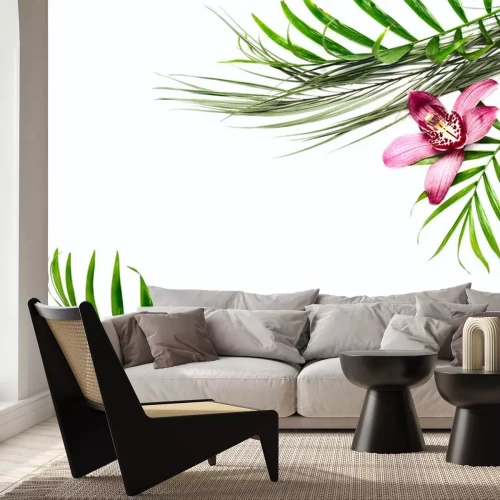 Sticker Greeting card template with exotic foliage