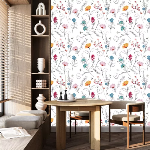 Tapete Trendy bright Summer blooming garden outline and hand painting flowers many kind of floral in seamless pattern vector illustration