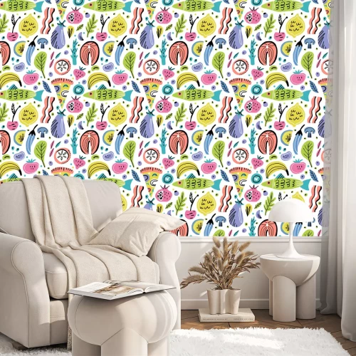 Tapete Abstraktes buntes Gemüse, Obst und Fisch