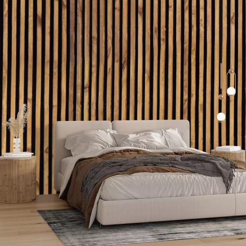 Fototapete Seamless pattern of modern wall paneling with vertical wooden slats for background. Raw material of natural brown wood lath.